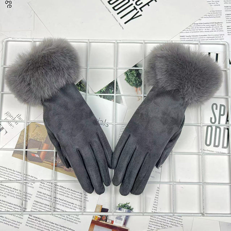 Warm Women's Fur Mouth Winter Riding Fleece-lined Finger Gloves Battery Car Thickened