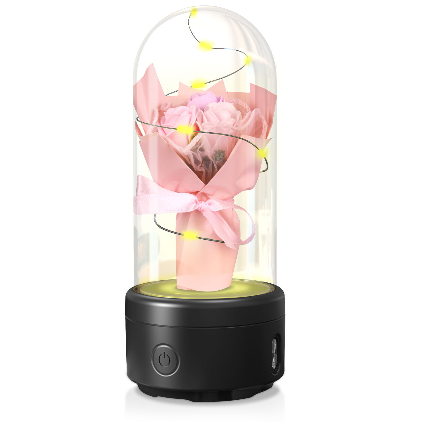 Kreatives 2-in-1-Blumenstrauß-LED-Licht und Bluetooth-Lautsprecher Muttertagsgeschenk Rose leuchtendes Nachtlicht-Ornament in Glasabdeckung