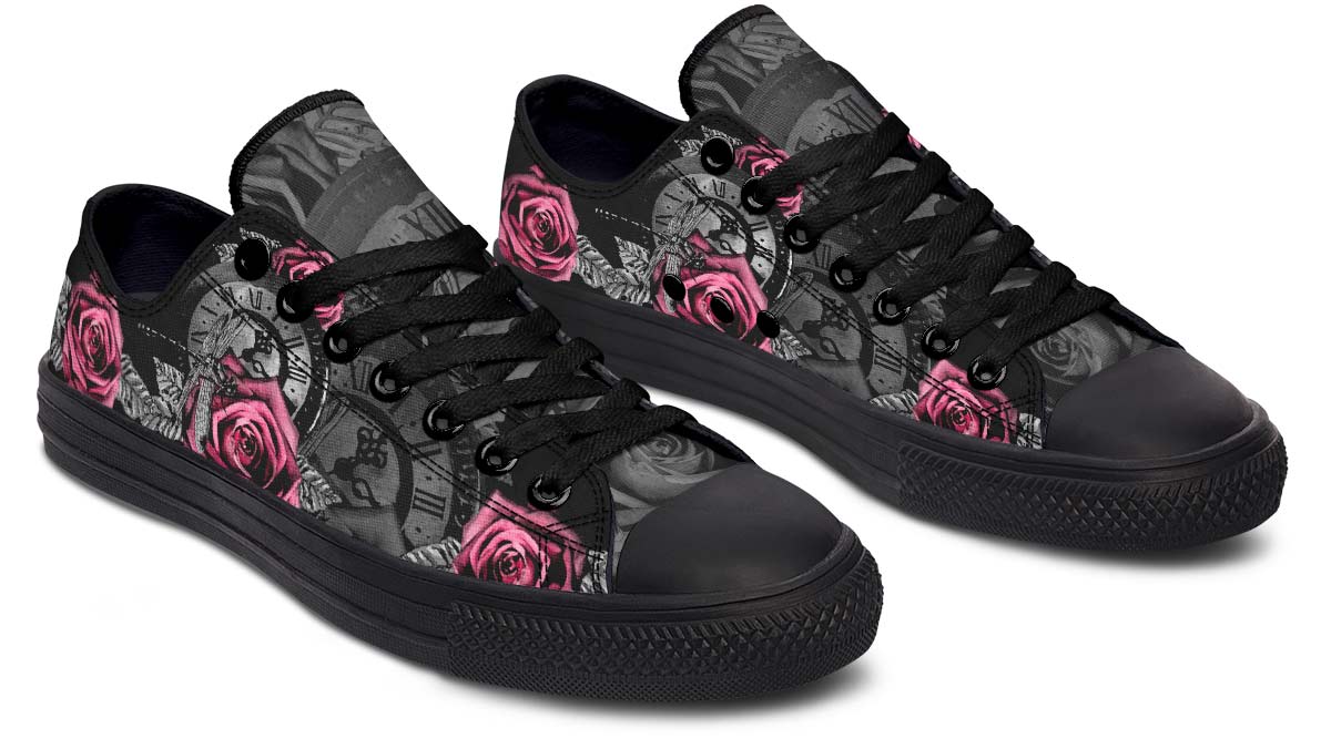 UrbanKicks Black Rose Fashion Print Couple Low-Top Canvas Shoes