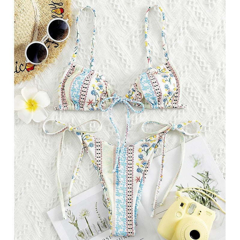 Chinese Style Printed Sub-system Belt Swimsuit