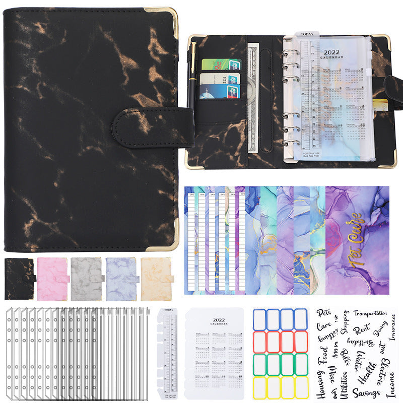 Spot Cross-border A6 Loose-leaf Binder Journal Book Marbling Notebook Leather PU6 Hole Loose Spiral Notebook Cash Budget