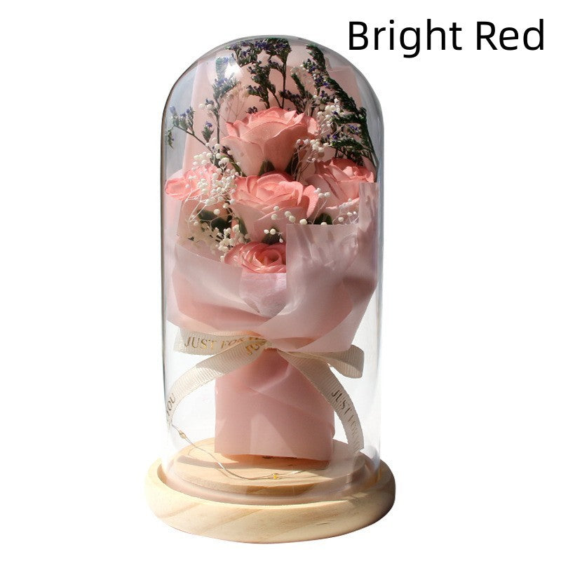 Artificial Rose Dried Flowers Gypsophila Babysbreath Bouquet Glass Cover Ornaments LED Small Night Lamp Valentine's Day Gift