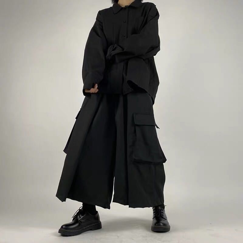 Black Japanese Wide-Leg Pants with Large Swing, Split Draping, Cropped Design, and Large Pockets