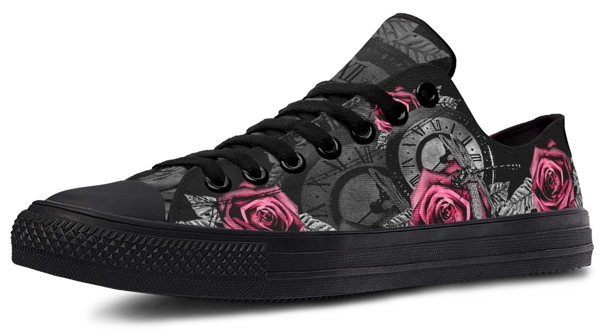 UrbanKicks Black Rose Fashion Print Couple Low-Top Canvas Shoes