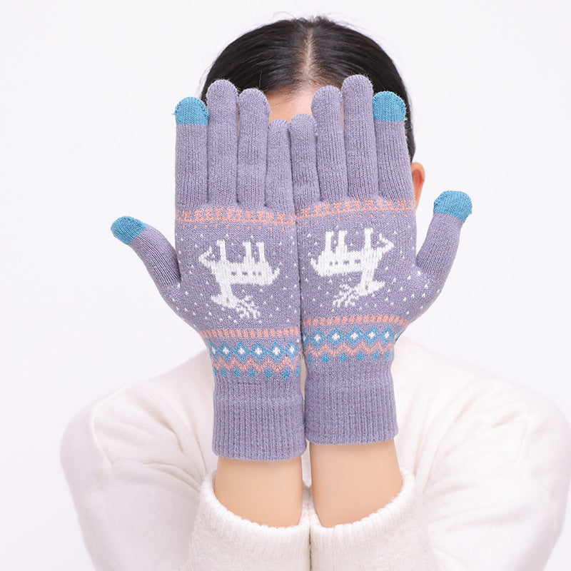 Damen-Strickhandschuhe mit süßem Tiermotiv, Hirsch und Schneeflocke, Vollfinger-Winterhandschuhe, Touchscreen-Handschuhe, schönes Weihnachtsgeschenk