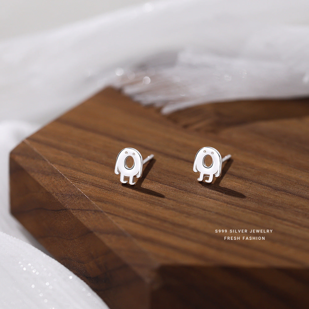 S999 Pure Silver Ghost Stud Earrings Female Niche Cartoon