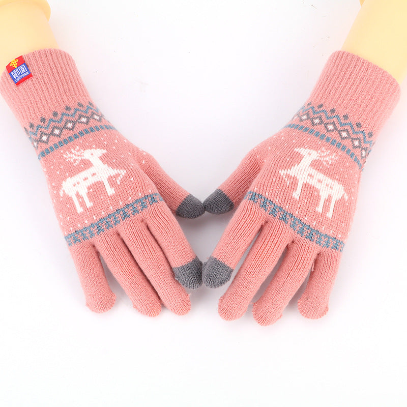 Damen-Strickhandschuhe mit süßem Tiermotiv, Hirsch und Schneeflocke, Vollfinger-Winterhandschuhe, Touchscreen-Handschuhe, schönes Weihnachtsgeschenk