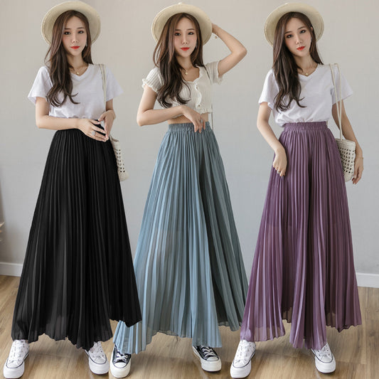 Loose-Fitting Pleated Chiffon Wide-Leg High-Waist Straight Skirt Pants for Women