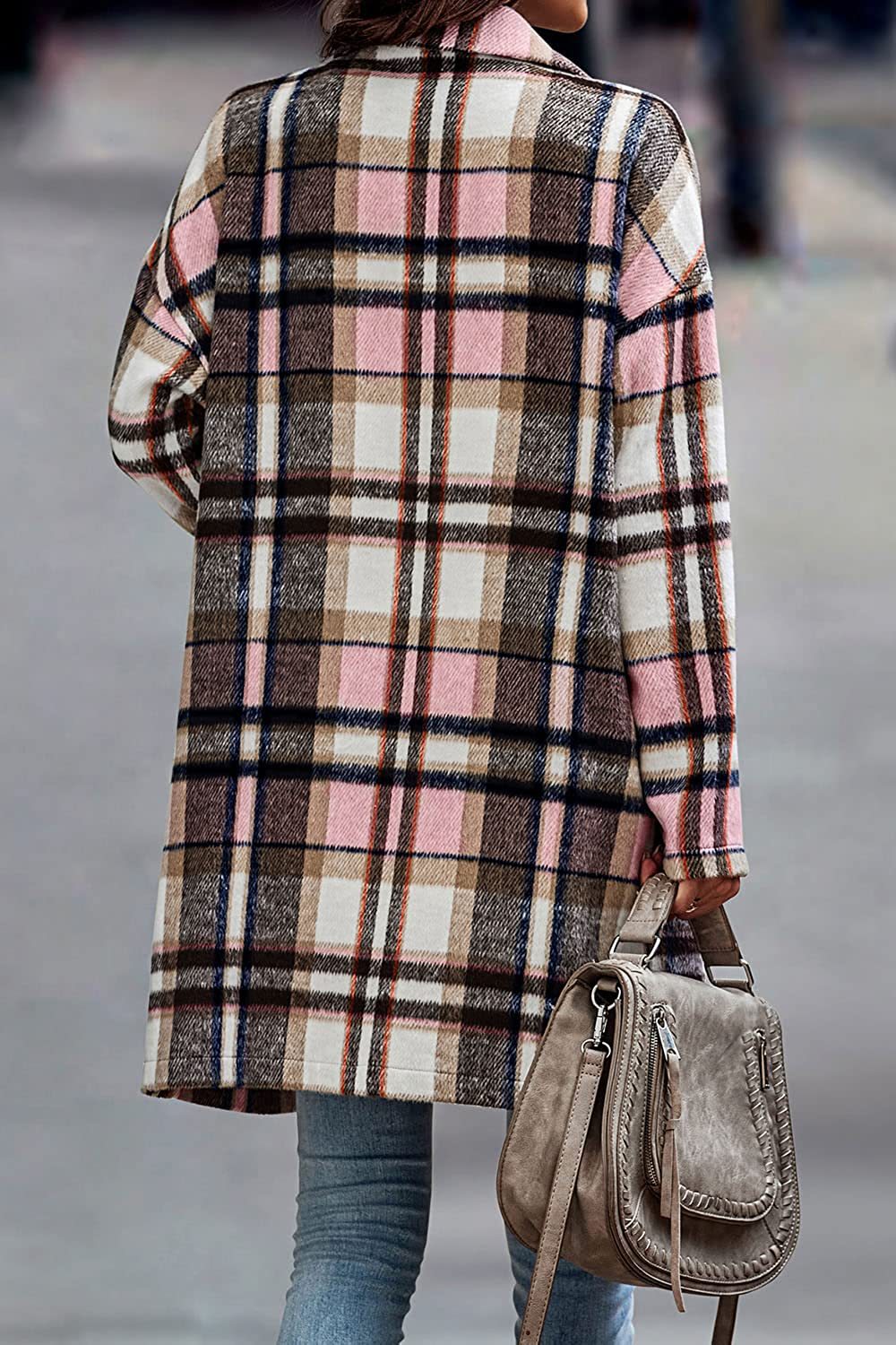 CheckeredElegance: Fashion plaid long jacket with pockets, autumn and winter new style turndown collar woolen coat for outdoor women's clothing.