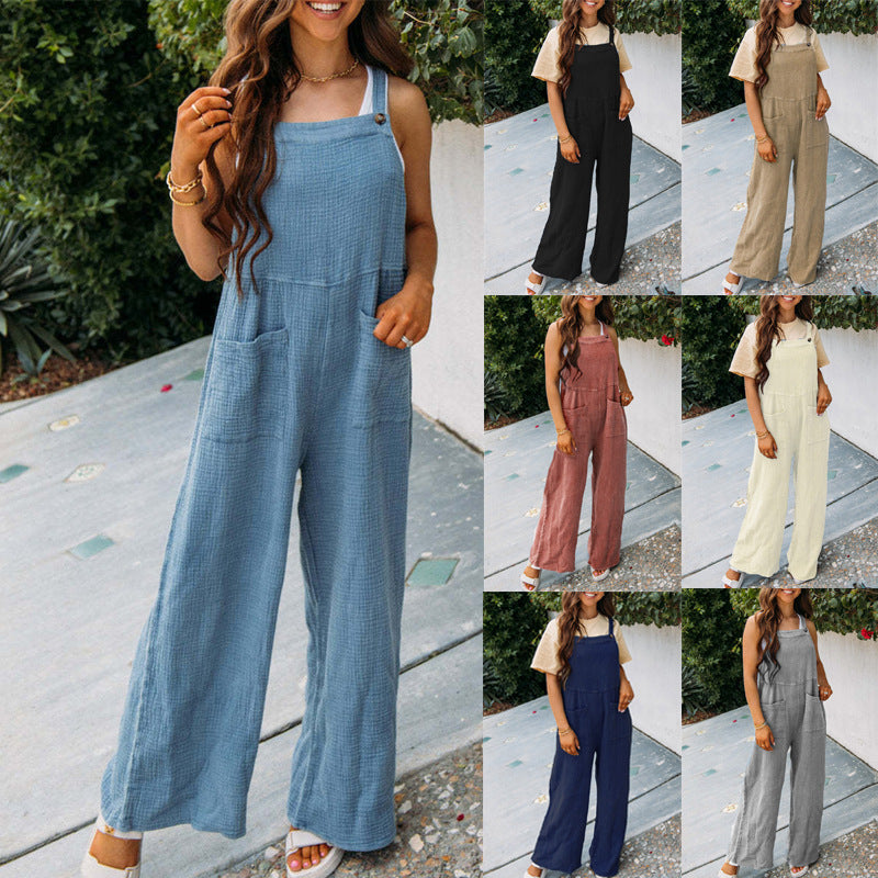 Modischer Jumpsuit mit quadratischem Ausschnitt und Taschen, Frühling, Sommer, lässig, einfarbig, lockerer Overall, Damenbekleidung