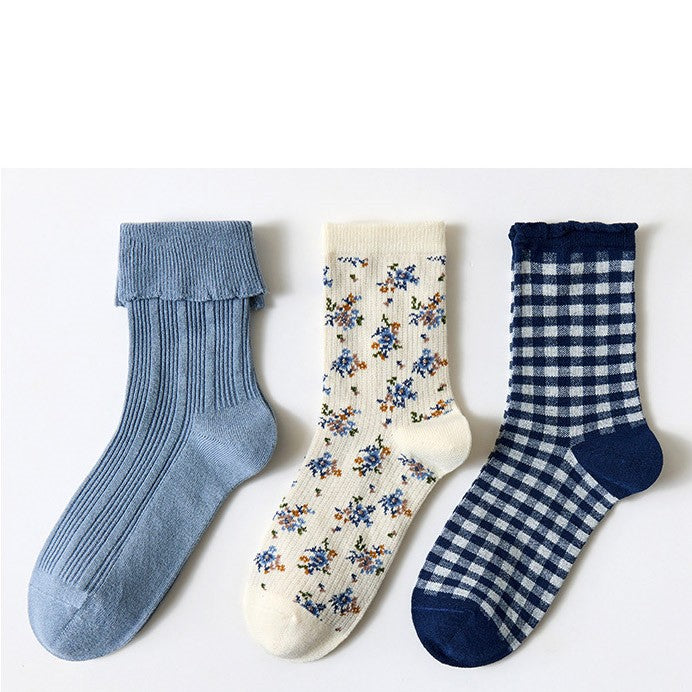 Whimsical Delights: Set aus drei bedruckten Baumwollsocken für Damen – verspielter Komfort für Ihren Alltagsstil