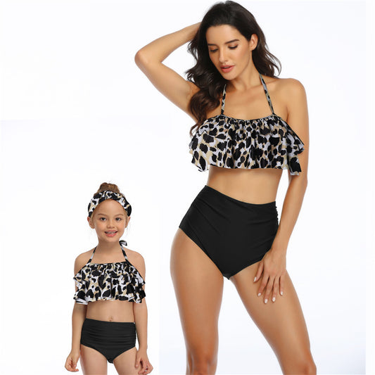 Parent-child Swimsuit Printed High Waist Bikini Ruffled Mother And Daughter Swimwear