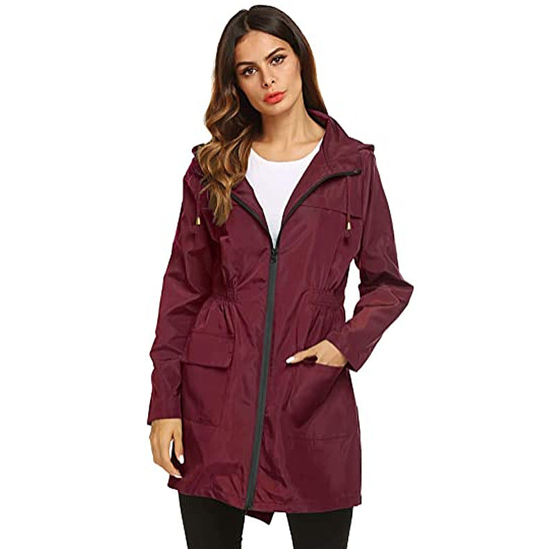 Damen Regenmantel mit Kapuze und Taille, Regenmantel, mittellanger Trenchcoat