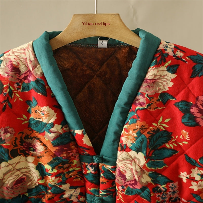 Blumenjacke mit ethnischem Druck, Fleece-gefütterter, dicker, baumwollgefütterter Mantel, Damenbekleidung in Übergröße