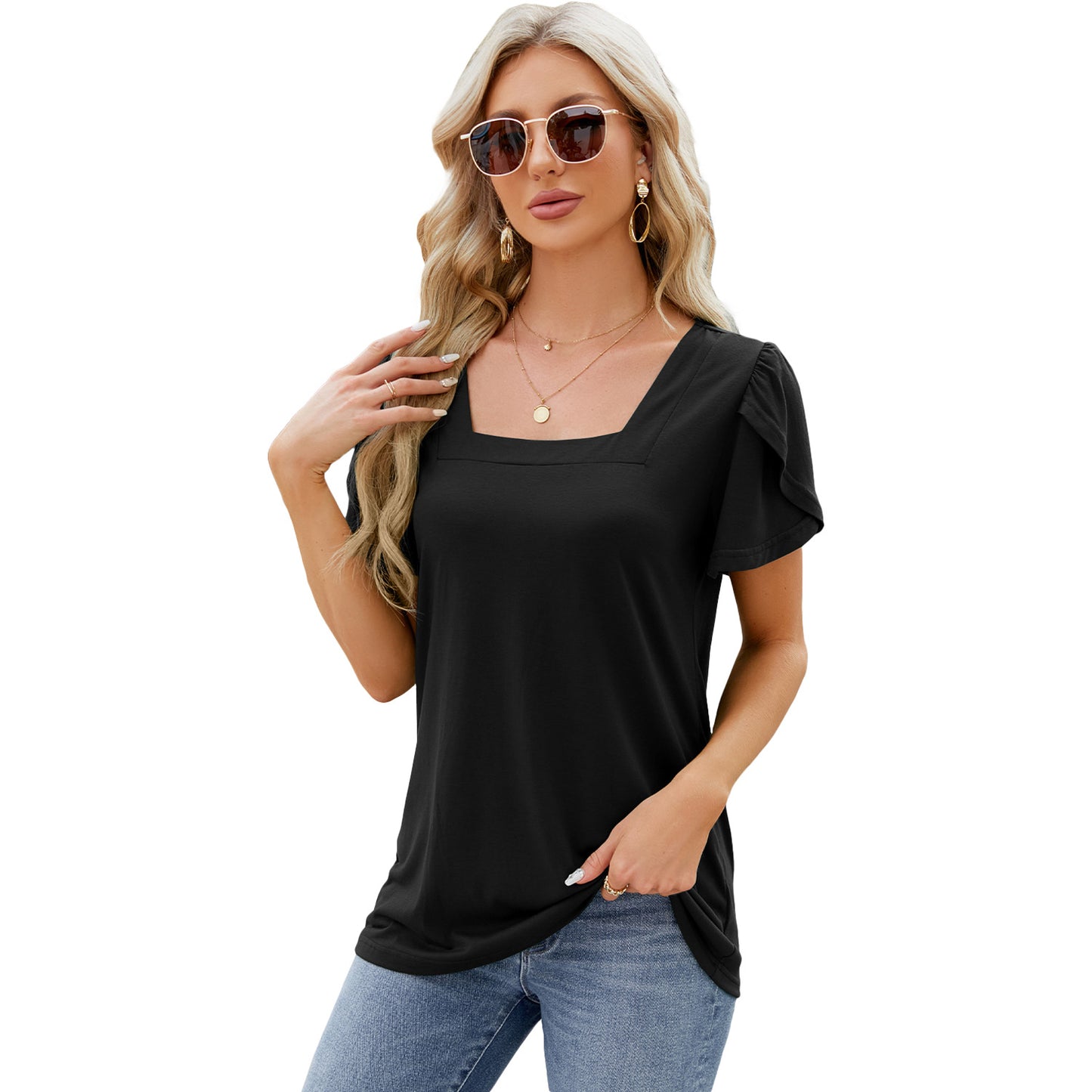 Boho Chic: Bedrucktes Kurzarm-T-Shirt mit quadratischem Ausschnitt und Blütenblatt-Ärmeln - Sommertop für Damen am Strand