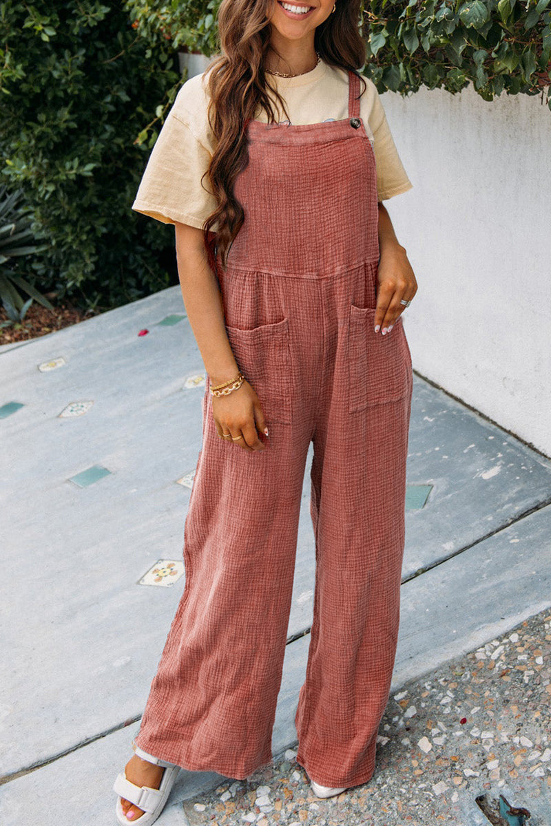 Modischer Jumpsuit mit quadratischem Ausschnitt und Taschen, Frühling, Sommer, lässig, einfarbig, lockerer Overall, Damenbekleidung