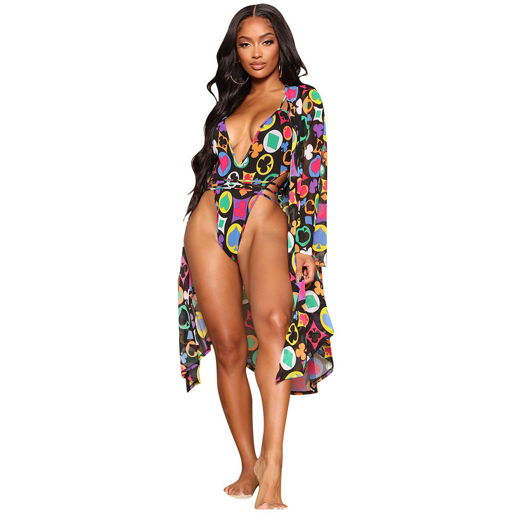 Women's V-Neck Mesh Print Swimsuit Ladies Two Piece Shawl