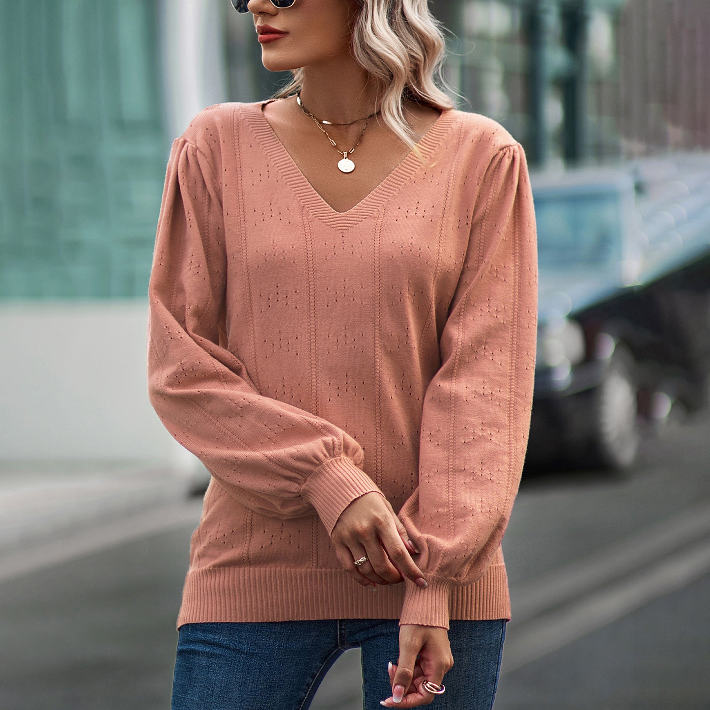 Temperament Leisure Long Sleeve V-neck Sweater