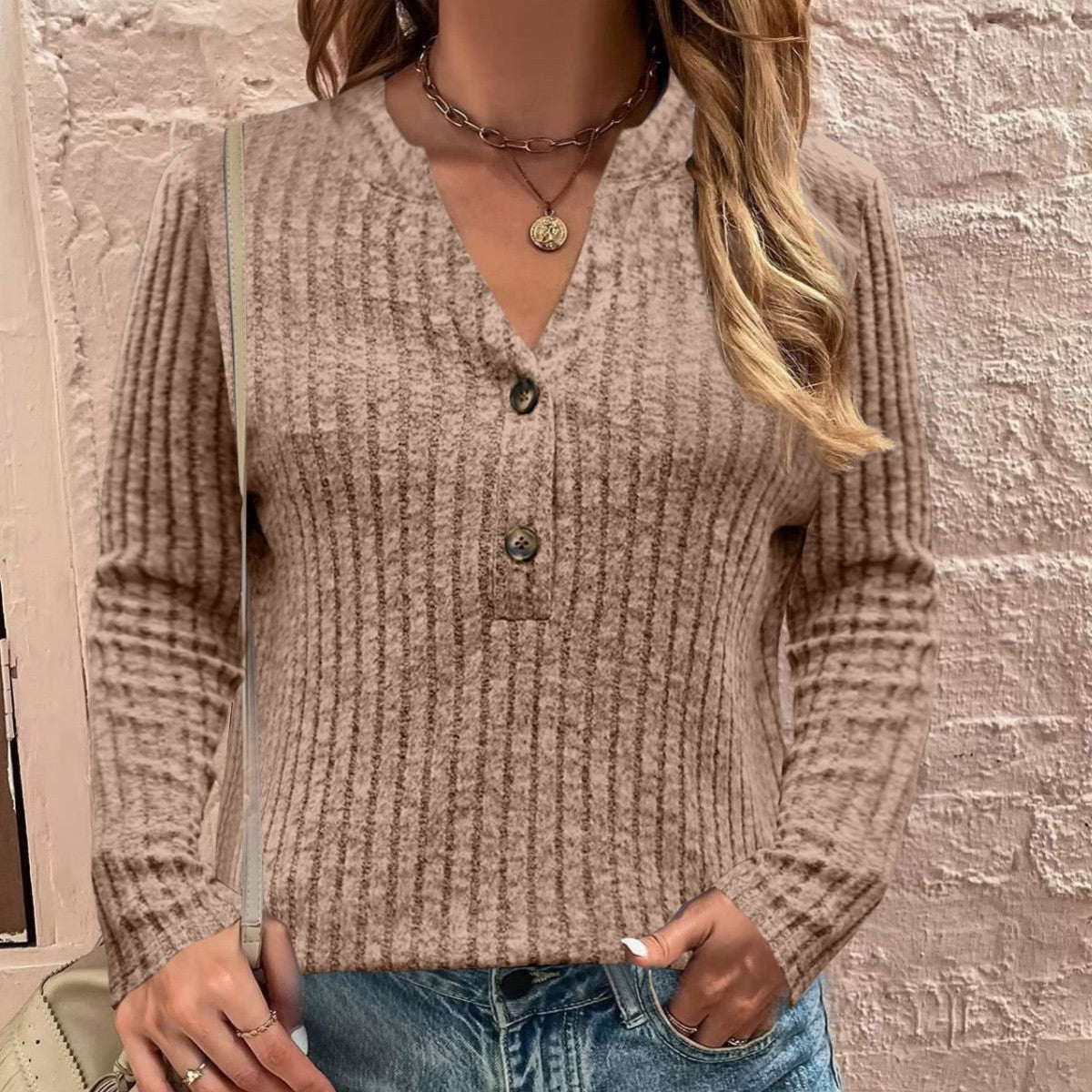 Sunken Stripe Brushed Casual Button Long-sleeved Top