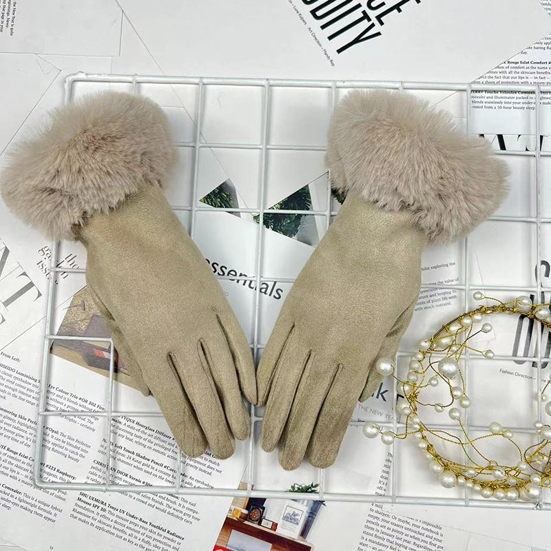 Warm Women's Fur Mouth Winter Riding Fleece-lined Finger Gloves Battery Car Thickened