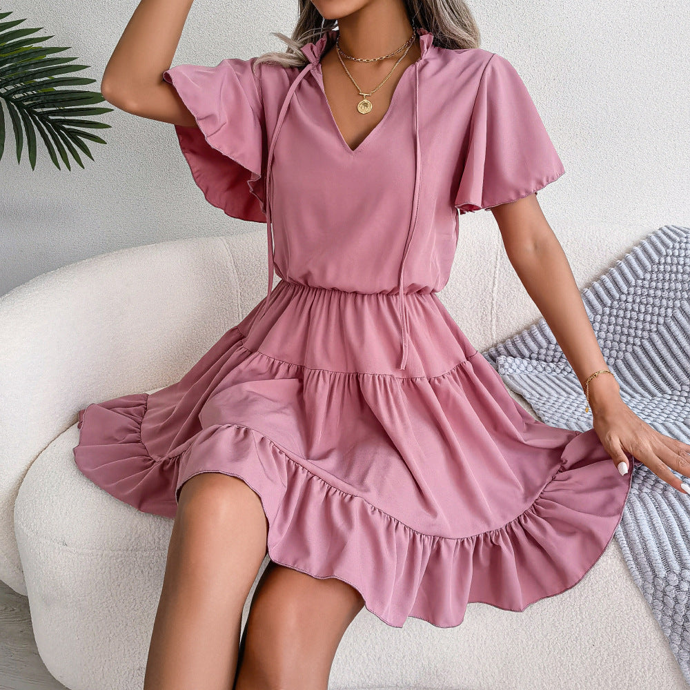 Female Flounced Skirt Ribbon Big Hem A- Line Skirt Solid Color Dress