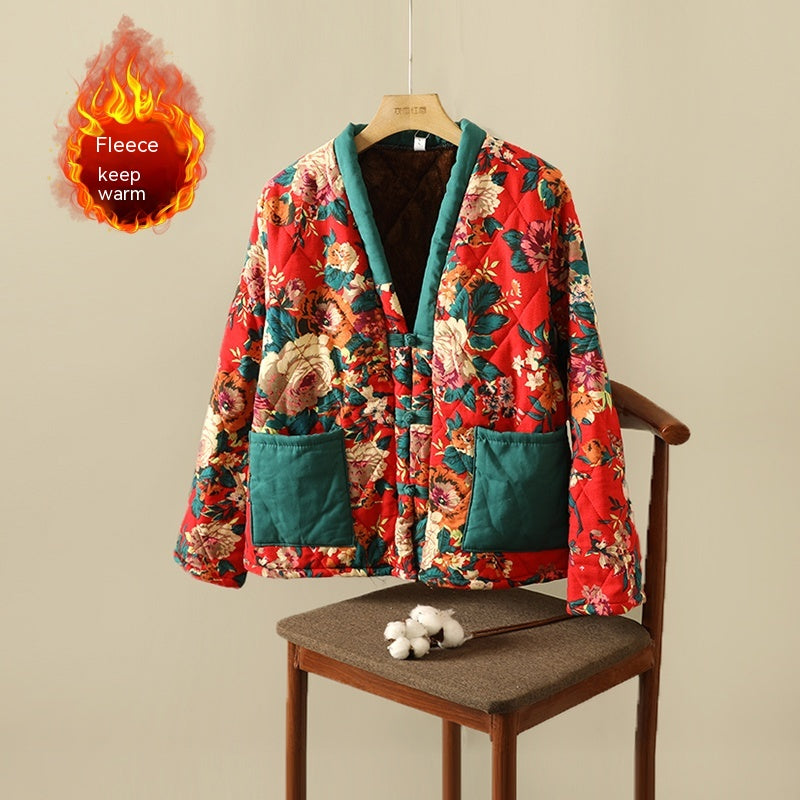 Blumenjacke mit ethnischem Druck, Fleece-gefütterter, dicker, baumwollgefütterter Mantel, Damenbekleidung in Übergröße