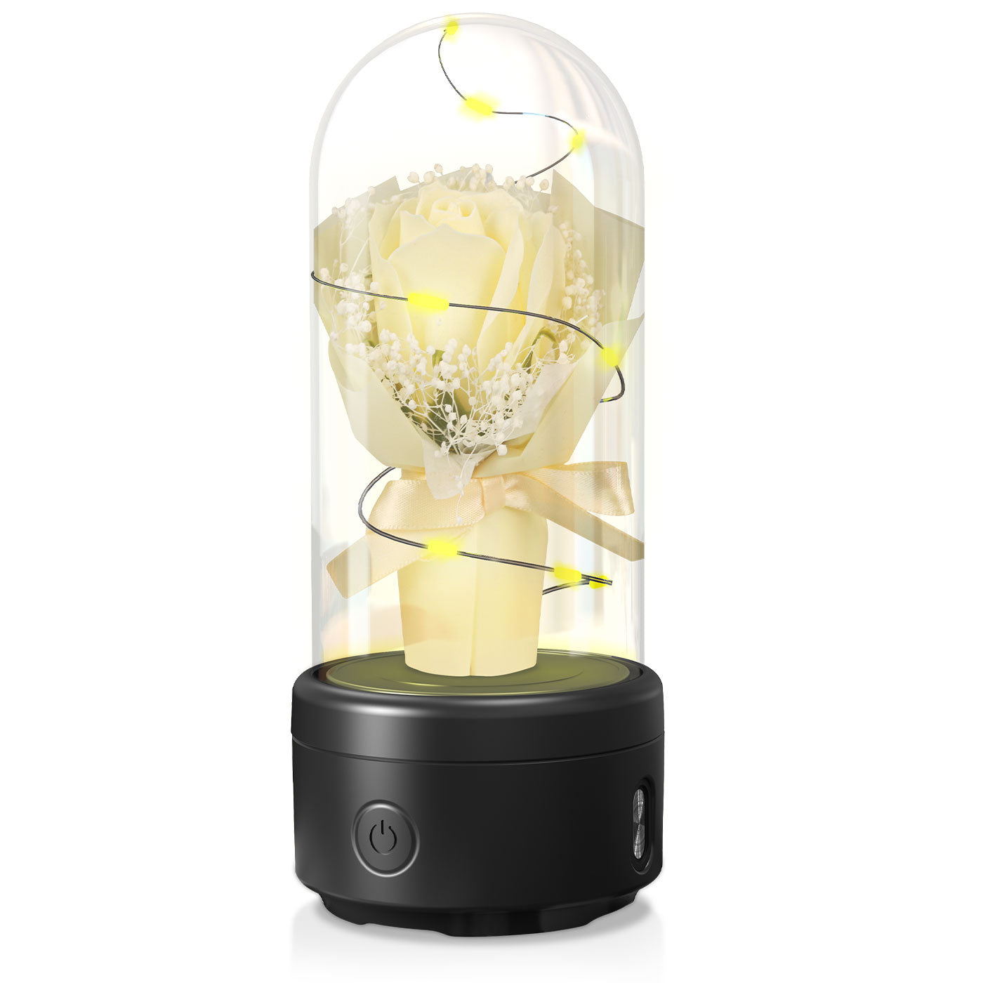 Kreatives 2-in-1-Blumenstrauß-LED-Licht und Bluetooth-Lautsprecher Muttertagsgeschenk Rose leuchtendes Nachtlicht-Ornament in Glasabdeckung