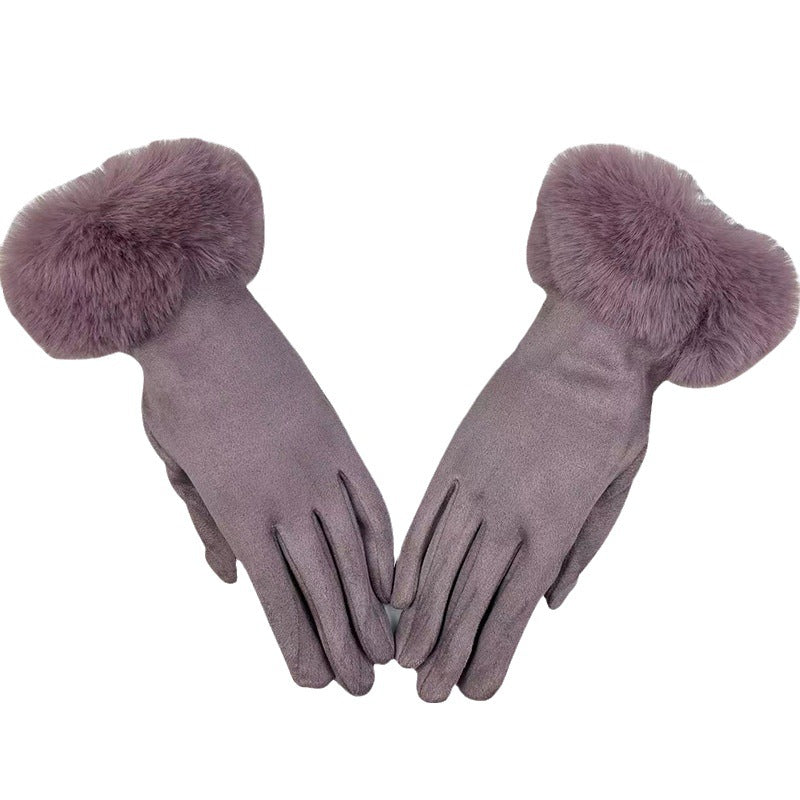 Warm Women's Fur Mouth Winter Riding Fleece-lined Finger Gloves Battery Car Thickened