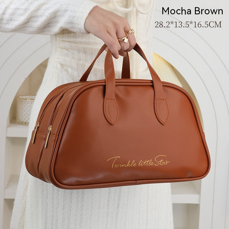 LuxeAura: The Leather Large Capacity Travel Toiletry Bag, a luxurious and spacious accessory for your travel essentials.