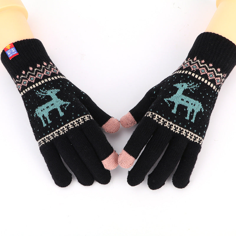 Damen-Strickhandschuhe mit süßem Tiermotiv, Hirsch und Schneeflocke, Vollfinger-Winterhandschuhe, Touchscreen-Handschuhe, schönes Weihnachtsgeschenk