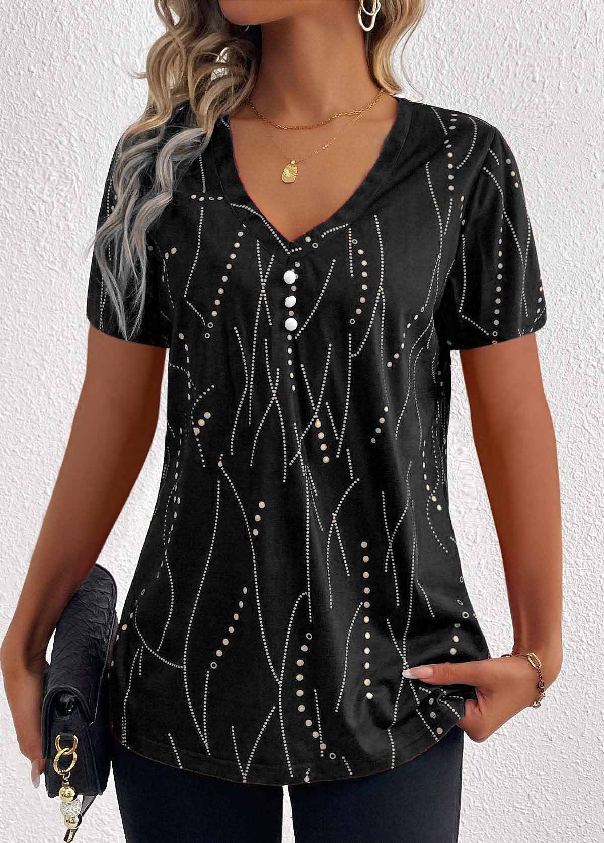 Summer Breeze: New V-neck Printed Button T-shirt - Fashionable Leisure Short-sleeved Top