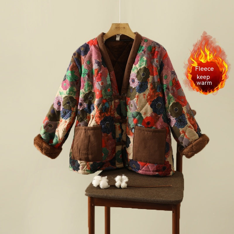 Blumenjacke mit ethnischem Druck, Fleece-gefütterter, dicker, baumwollgefütterter Mantel, Damenbekleidung in Übergröße