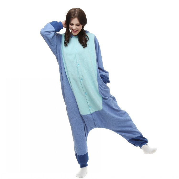 StitchDream: Blue and pink cartoon one-piece pajama for cozy nights.