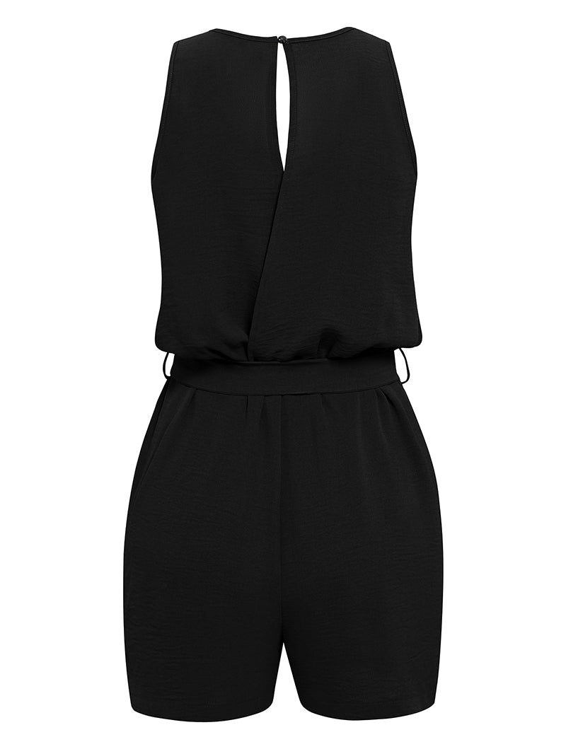 Lässiger Jumpsuit mit Spitze und V-Ausschnitt, ärmellose Oberteile, Shorts zum Binden, Sommer-Strandkleidung