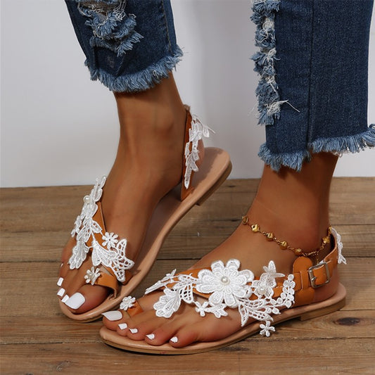 Spitze Sandalen Böhmen Strand Schuhe Blumen Knöchel Riemen Flache Schuhe Sommer