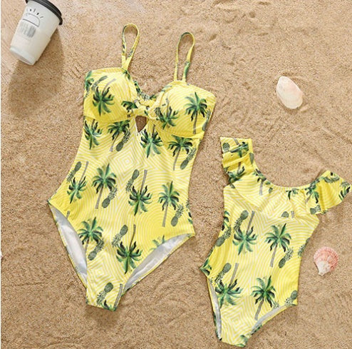 Parent-child Swimsuit Mother-daughter Suit Solid Color V-neck One-piece