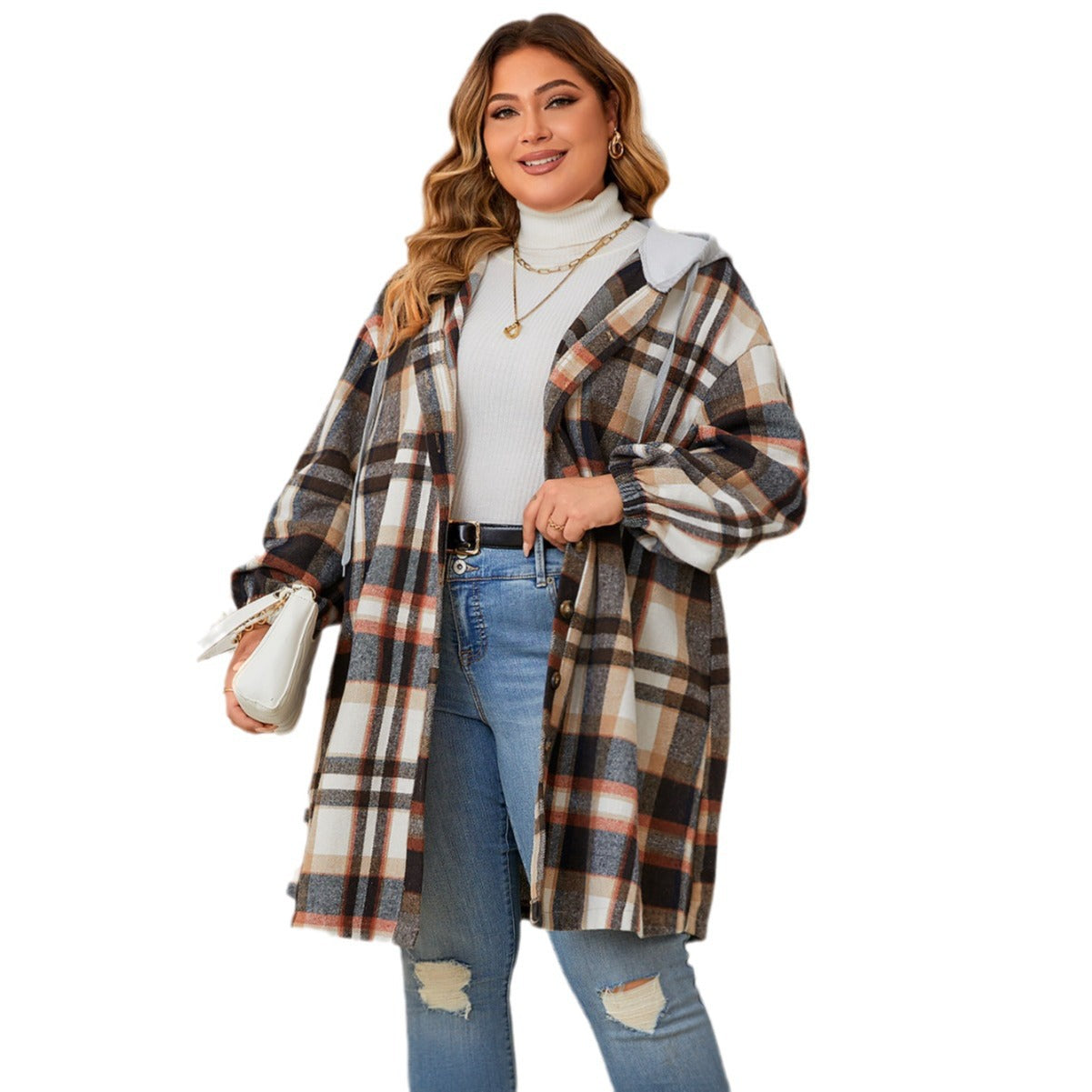 Plaid Lady: Neuer mittellanger Kapuzenmantel für Damen in großen Größen für Herbst und Winter mit Stil.