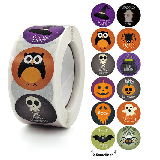 Design Pattern Owl Ghost Skull Pumpkin Bat Spider Halloween Candy Bag Sticker Label