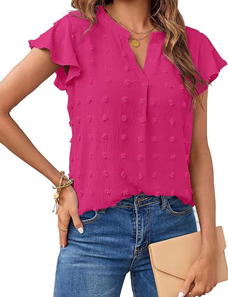 Breezy Charm: Women's Summer V Neck Ruffle Short Sleeve Blouse - Dot Flowy Shirt Top