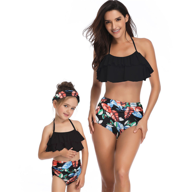 Parent-child Swimsuit Printed High Waist Bikini Ruffled Mother And Daughter Swimwear