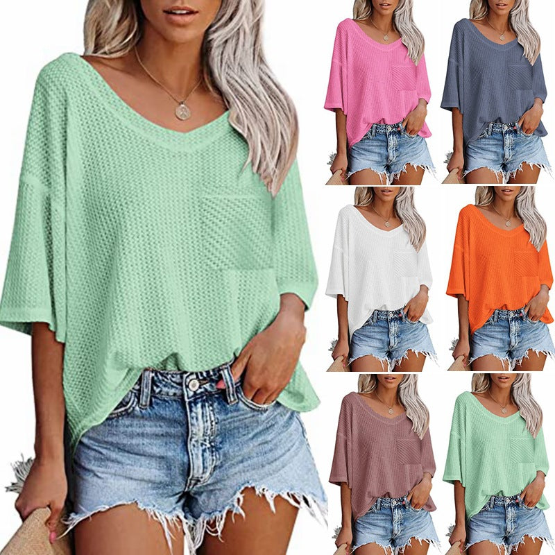 V-Ausschnitt Shirts Damen Sommer Kurzarm Grüne Tops mit aufgesetzter Tasche