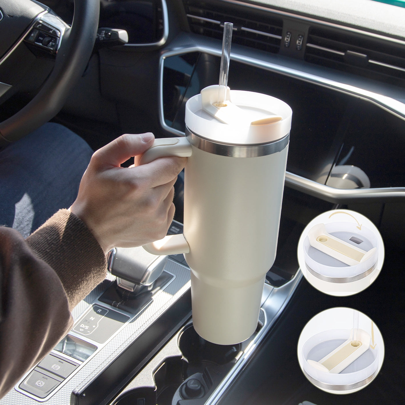 Thermobecher als Geschenk zum Valentinstag, 1,2 l, Kaffee-Isolierbecher mit Strohhalm und Griff, tragbare Wasserflasche aus Edelstahl fürs Auto, große Kapazität, BPA-freier Thermobecher für unterwegs