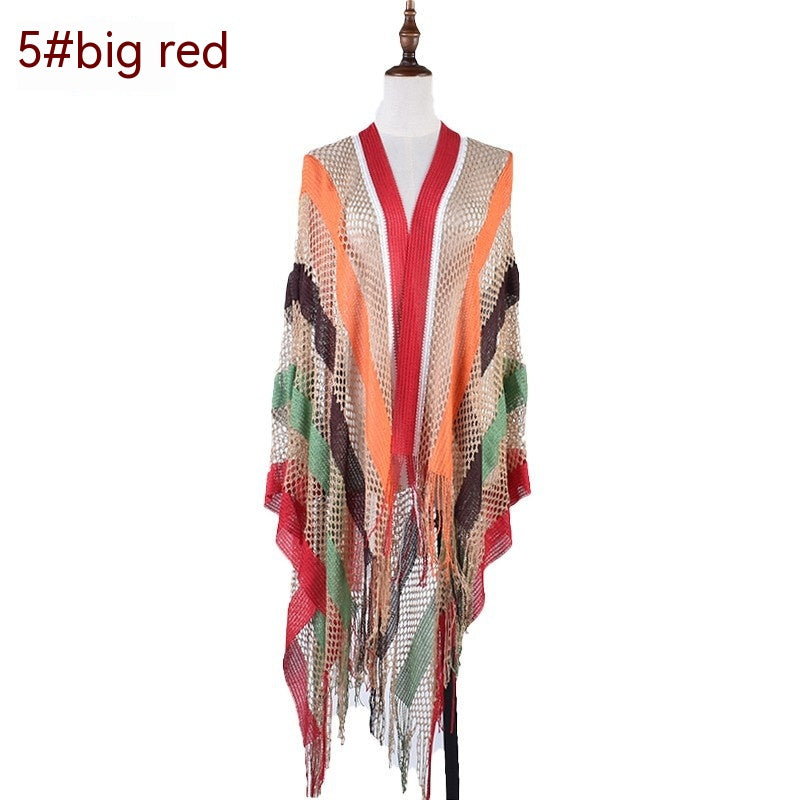 New Korean Style Cutout Long Silk Color Striped Knitted Sunscreen Shawl Thin