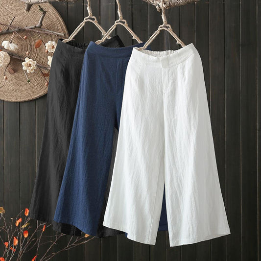 Cotton and Linen Cropped Wide-Leg Pants with Elastic Waist