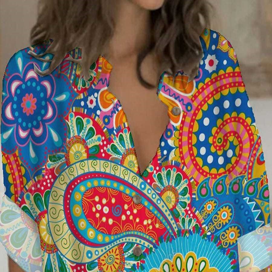 Casual Printed Button Long Sleeve Pocket Dress Women