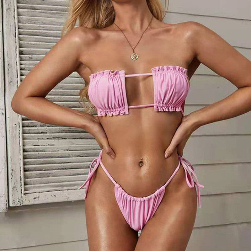 Triangle Pleated Drawstring Color Bikini Hollow Swimsuit Women Swimsuit