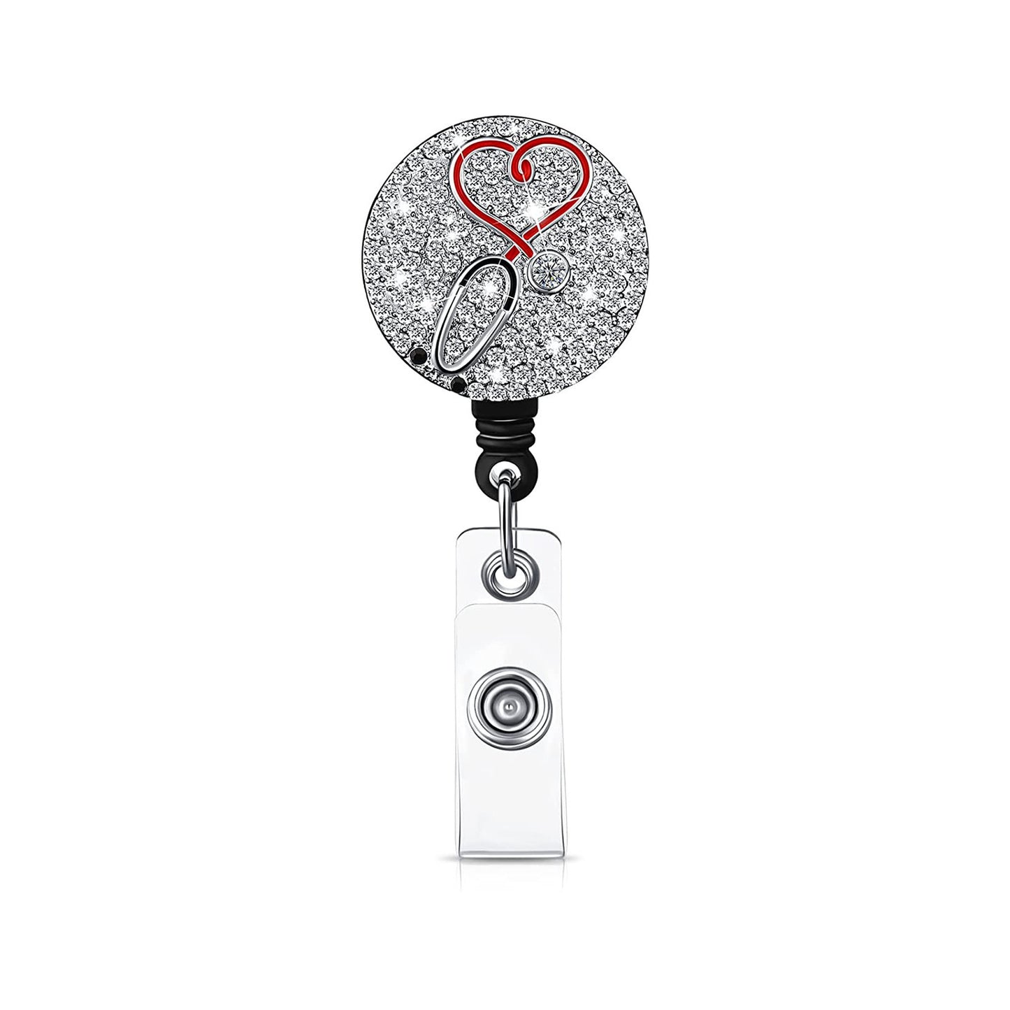 Silver Shiny Glass Rhinestone Love Heart Nurse Hat ECG Stethoscope Retractable Rotating Pull Peels Voucher Buckle