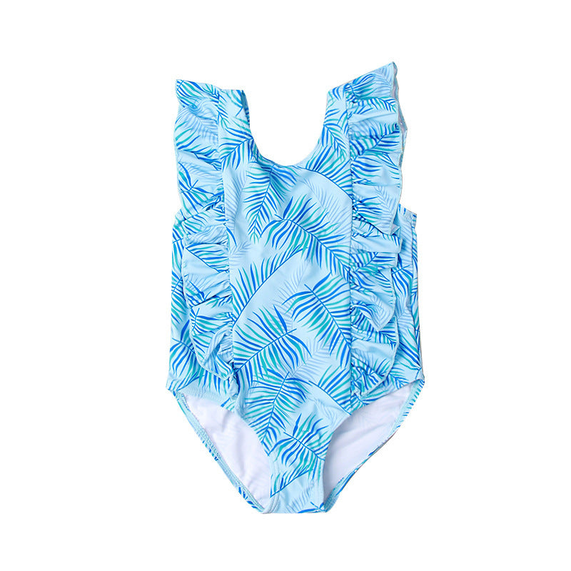 New Girls' One-piece Ruffled Green Leaf Pattern Swimsuit