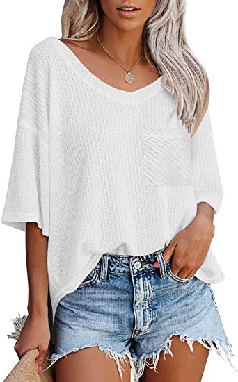 V-Ausschnitt Shirts Damen Sommer Kurzarm Grüne Tops mit aufgesetzter Tasche