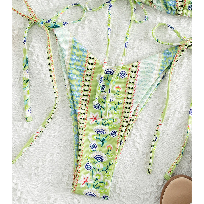 Chinese Style Printed Sub-system Belt Swimsuit